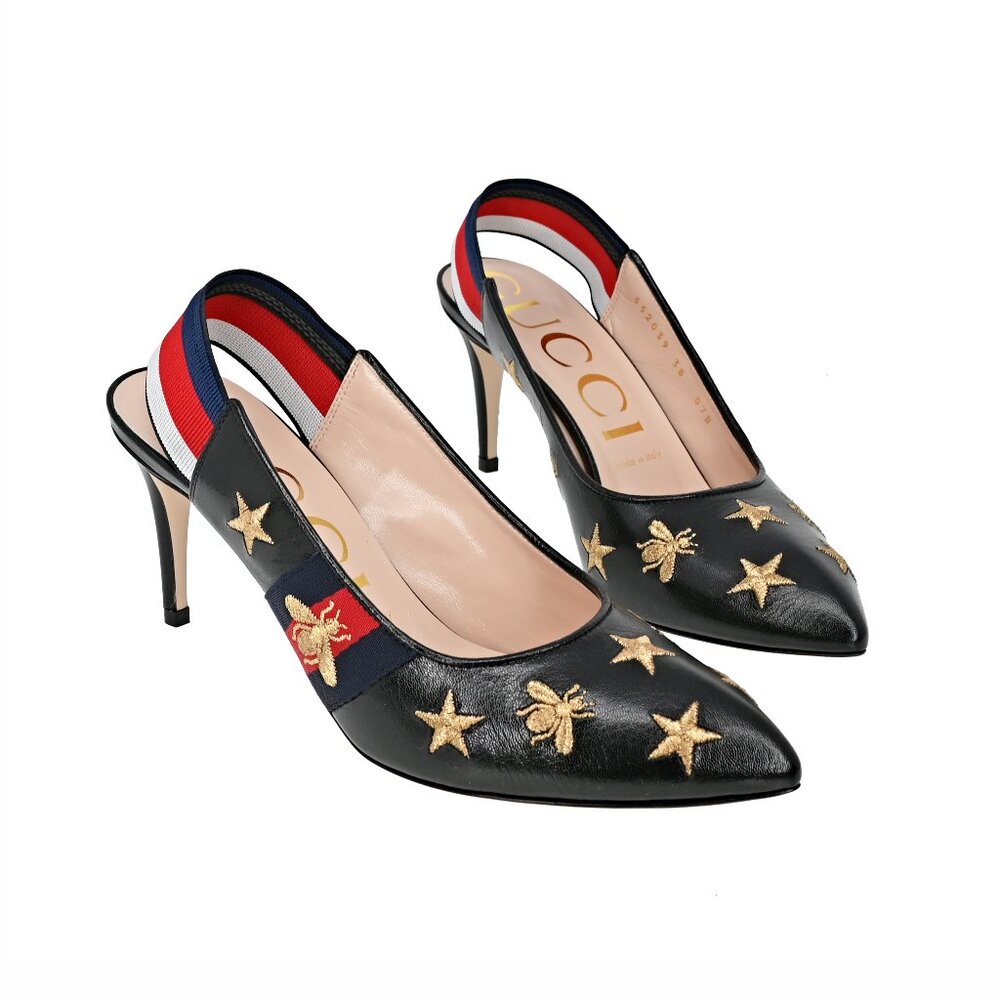 Gucci Embroidered Bees and Stars Leather Web Pumps